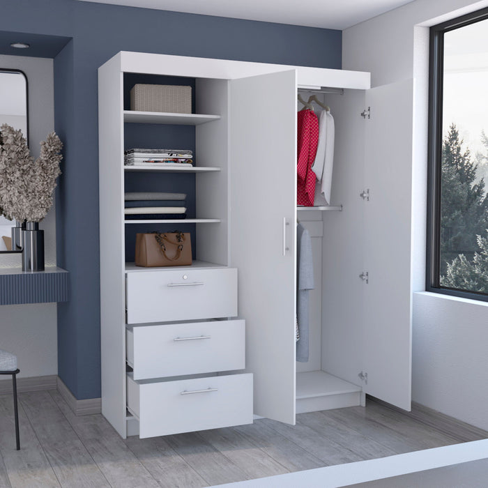 White 79-inch wood wardrobe with two doors and three drawers, HomeRoots dresser for bedroom storage and organization.
