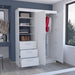 White 79-inch wood wardrobe with two doors and three drawers, HomeRoots dresser for bedroom storage and organization.