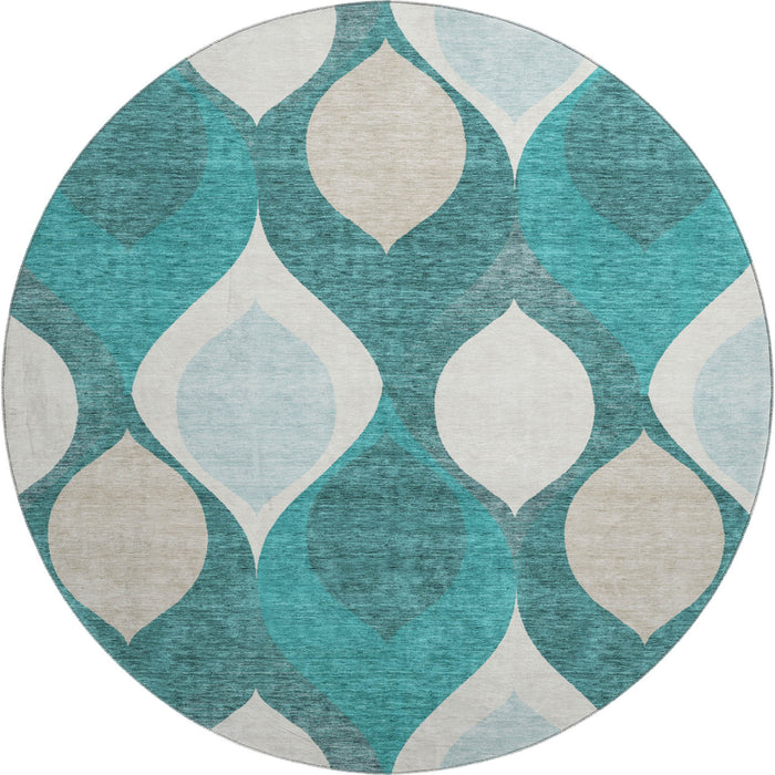 8' Ogee Washable Round Rug With UV Protection - Teal And Ivory