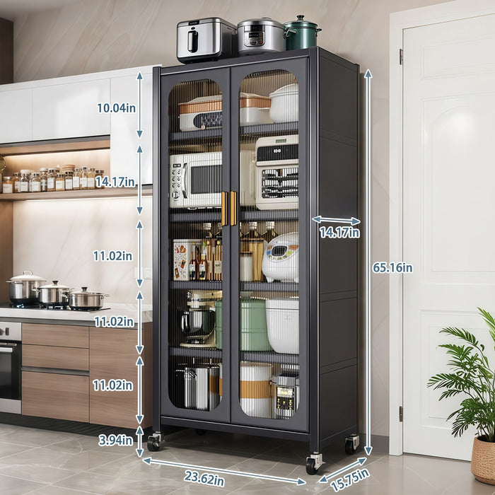 Giga 6-tier display cabinet with transparent doors, adjustable shelves, and wheels for versatile storage and showcase.