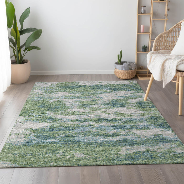 9' X 12' Abstract Washable Area Rug Polyester With UV Protection - Green / Ivory