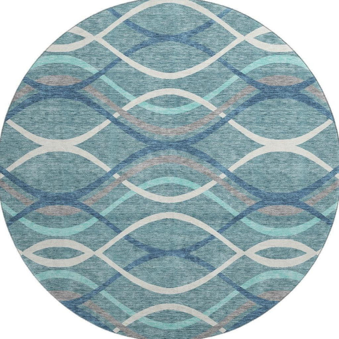 8' Transitional Transitional Abstract Washable Polyester Round Rug With UV Protection - Teal