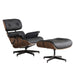 Black tufted leather swivel lounge chair with matching ottoman, stationary design, by HomeRoots, featuring plush cushioning and stylish details.