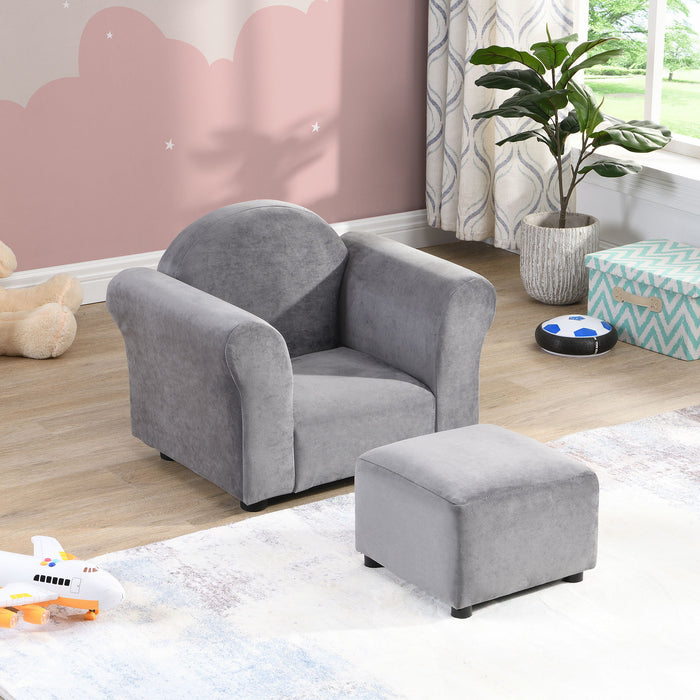 Gray kids velvet upholstered stationary chair with matching Ottoman by Giga, perfect for comfortable children's seating.