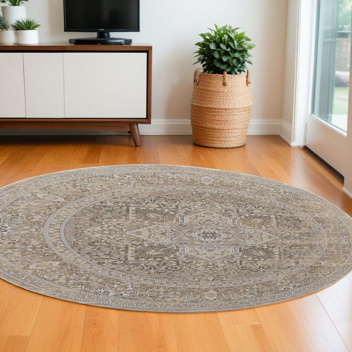 7.8' x 7.8' Round Medallion Power Loom Distressed Area Rug - Brown And Ivory