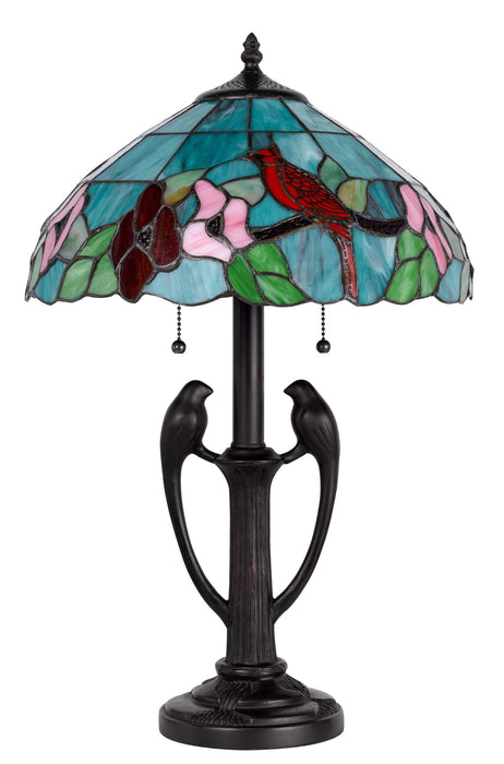 Two Light Tiffany Table Lamp With Aqua And Red Floral Shade - Bronze