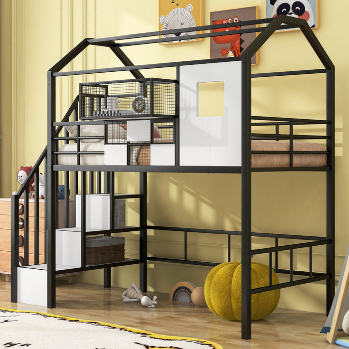 Giga metal loft bed with roof design, storage box, guardrails, and integrated ladder for safe, stylish bedroom sleeping space