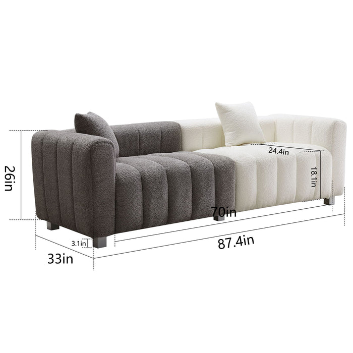 Giga 3-seater stationary sofa with metal legs, white and gray fabric, includes two pillows, ideal for living room decor.