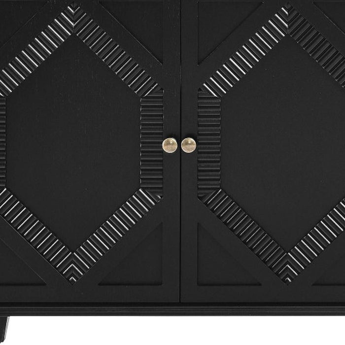 Wood Carved Geometric Accent Cabinet With Four Doors - Black