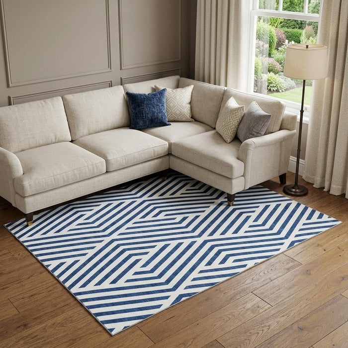 9' X 12' Geometric Washable Area Rug With UV Protection (648567) - Navy Blue / Ivory