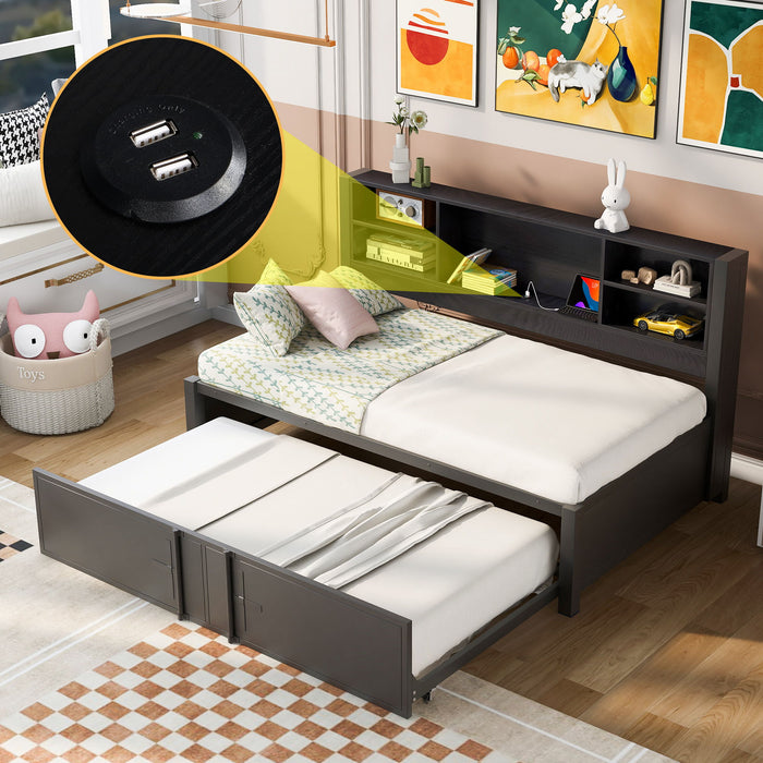 Giga industrial metal daybed with trundle, storage shelves, and USB ports, featuring a sturdy frame and modern design.