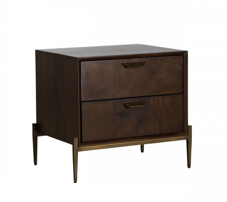 Two Drawers Solid Wood Nightstand - Brass