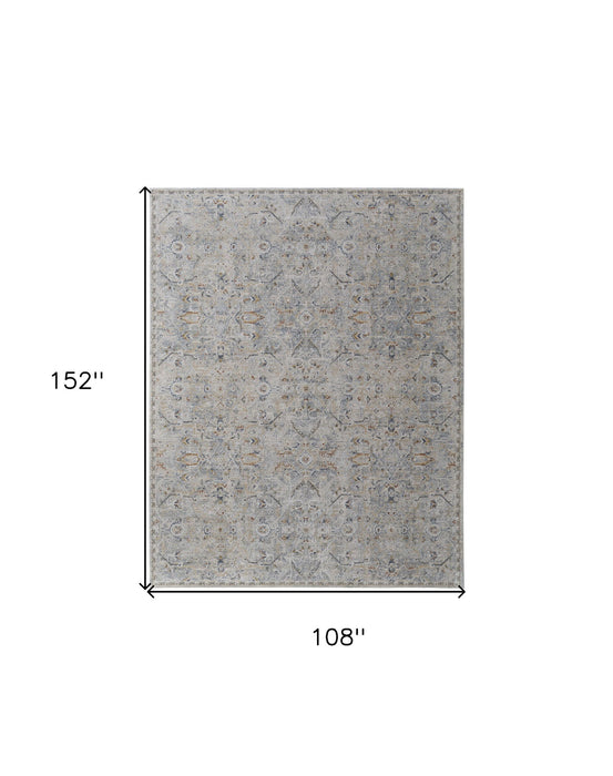 9' x 13' Abstract Power Loom Worn Faded Area Rug With Fringe - Ivory Tan And Blue