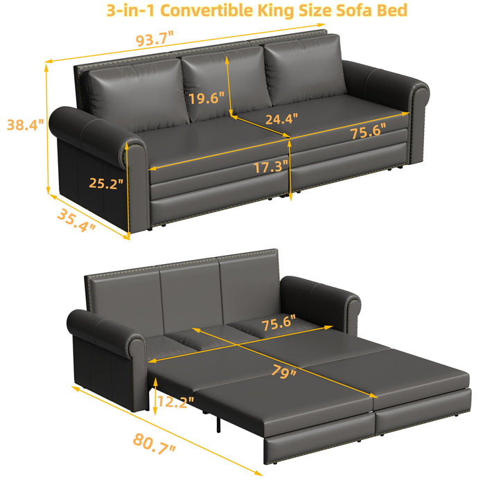 3 In 1 Convertible Sleeper Sofa With Nailhead Trim & Rolled Arm