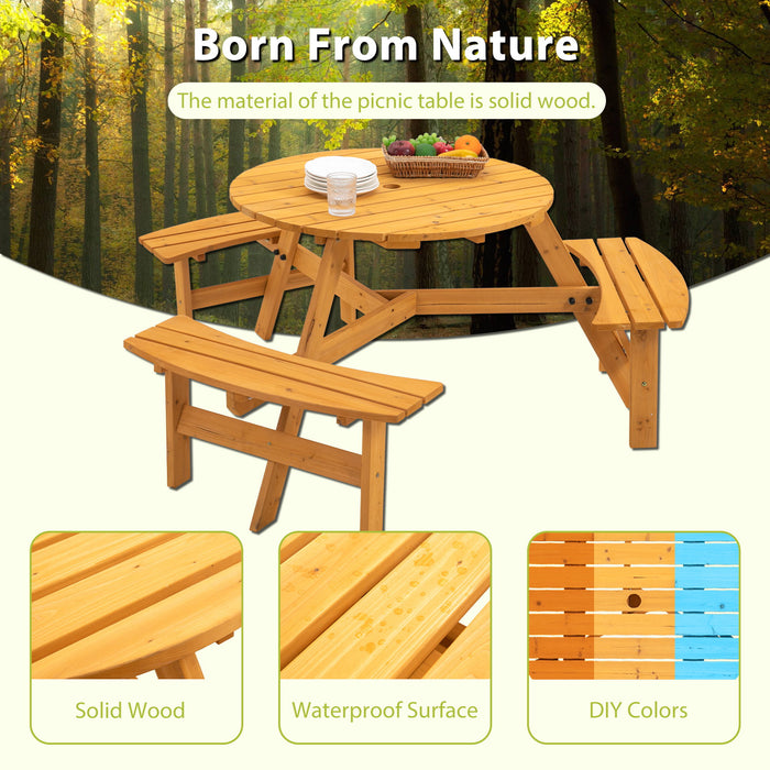 Giga 6-person round outdoor wooden picnic table with built-in benches, suitable for patio, backyard, and garden dining.