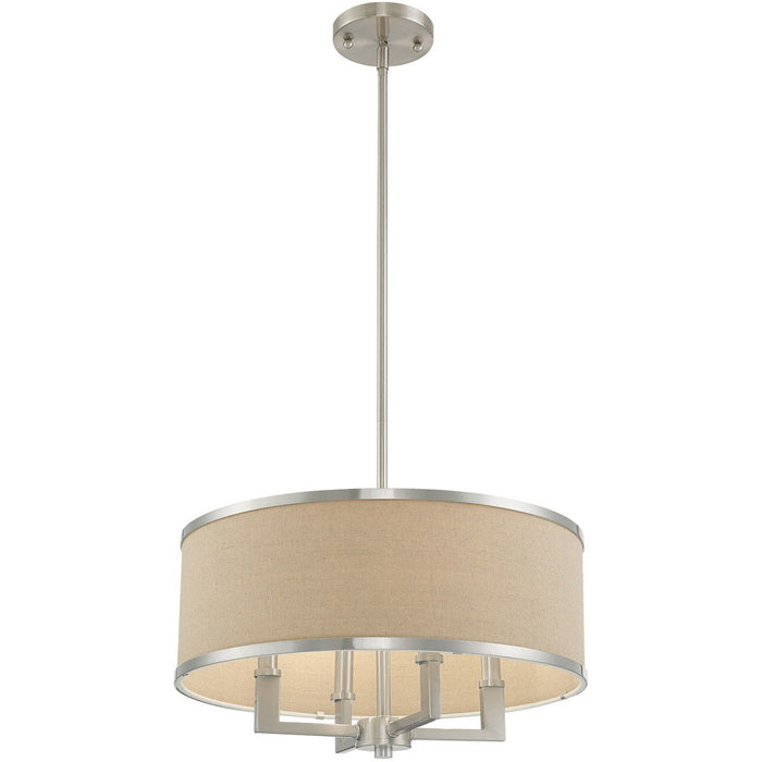 HomeRoots four-light metal chandelier with shades in nickel and ash gray, featuring a modern dimmable design.