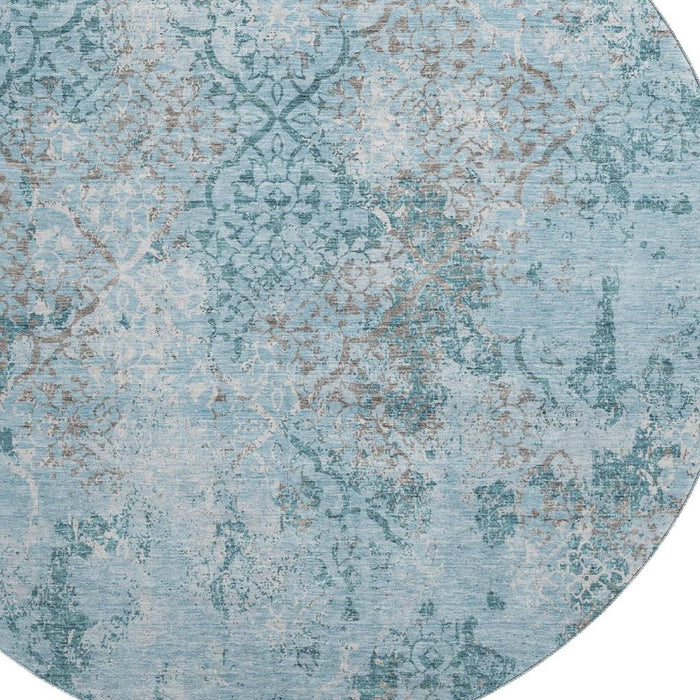 8' Transitional Transitional Abstract Washable Round Rug With UV Protection - Teal