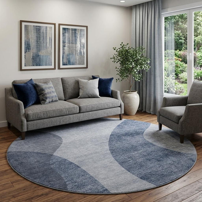 8' Geometric Washable Round Rug With UV Protection (654829) - Blue / Ivory