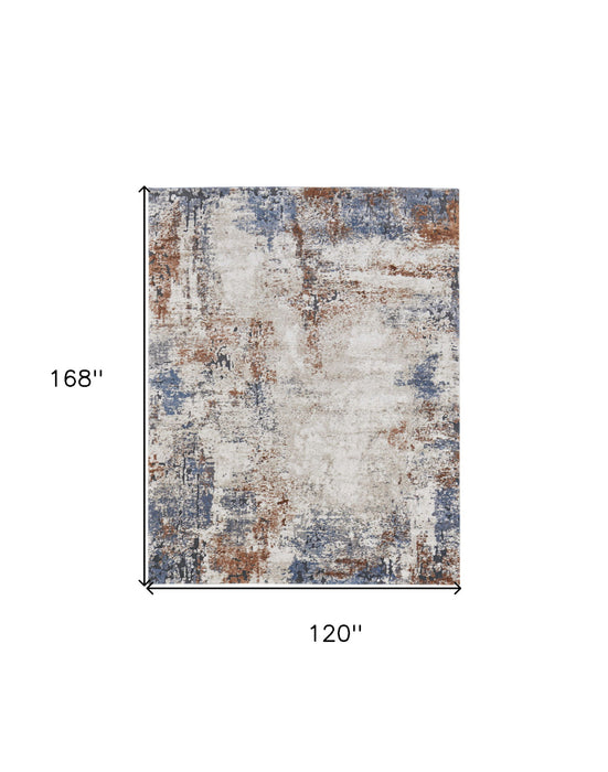 10' x 14' Abstract Power Loom Worn Faded Area Rug - Blue Gray And Brown