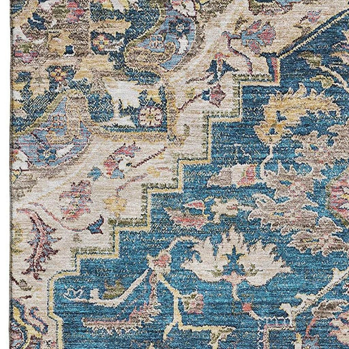9' X 12' Floral Medallion Washable Area Rug With UV Protection - Blue