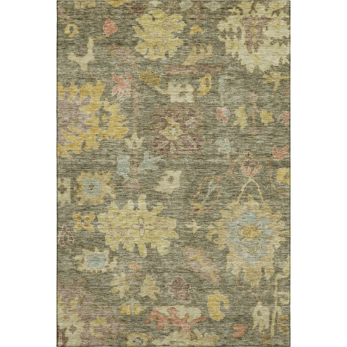10' X 14' Floral Washable Area Rug With UV Protection (684498) - Artichoke Green / Gold / Gray