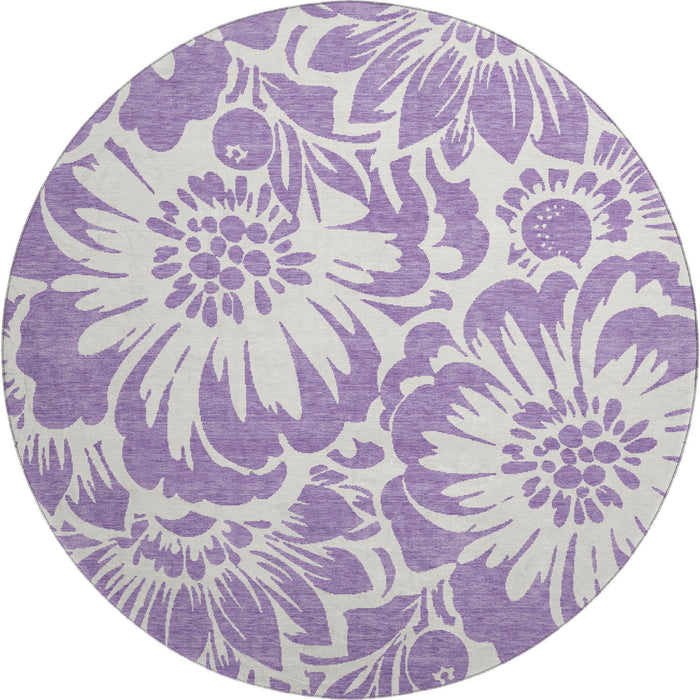 8' Floral Washable Round Rug With UV Protection (648691) - Purple / Ivory