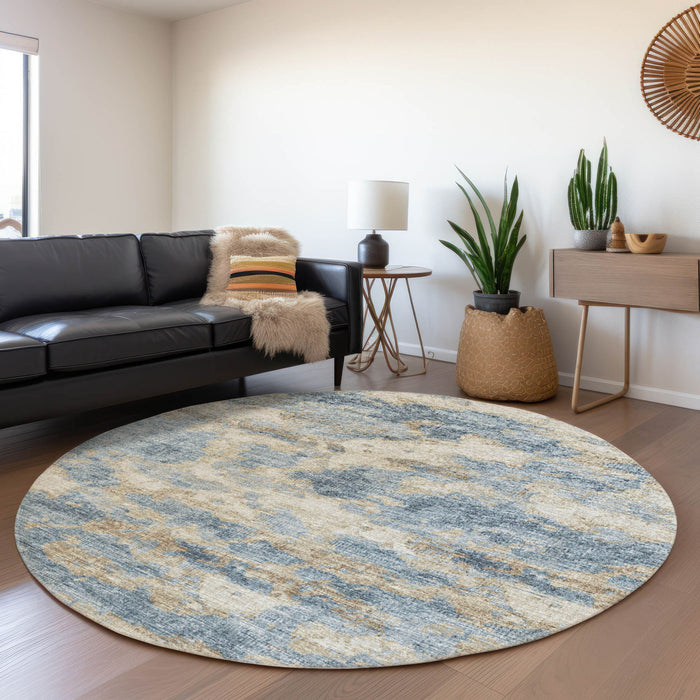 8' Abstract Washable Round Rug With UV Protection - Blue And Gold