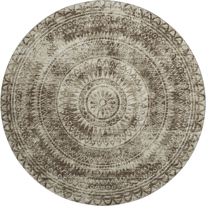 8' Medallion Washable Round Rug With UV Protection (644895) - Brown / Ivory