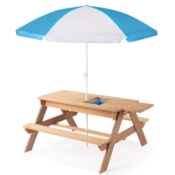 Giga 3-in-1 kids outdoor wooden picnic table with umbrella, convertible sand and water table for children, ASTM and CPSIA certified