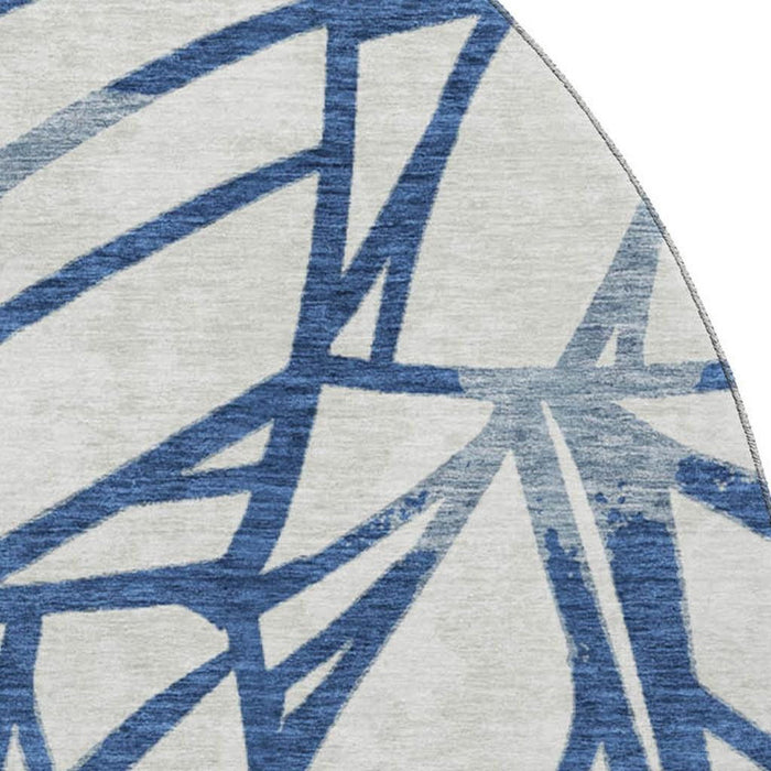 8' Floral Washable Round Rug With UV Protection - Navy Blue And Beige