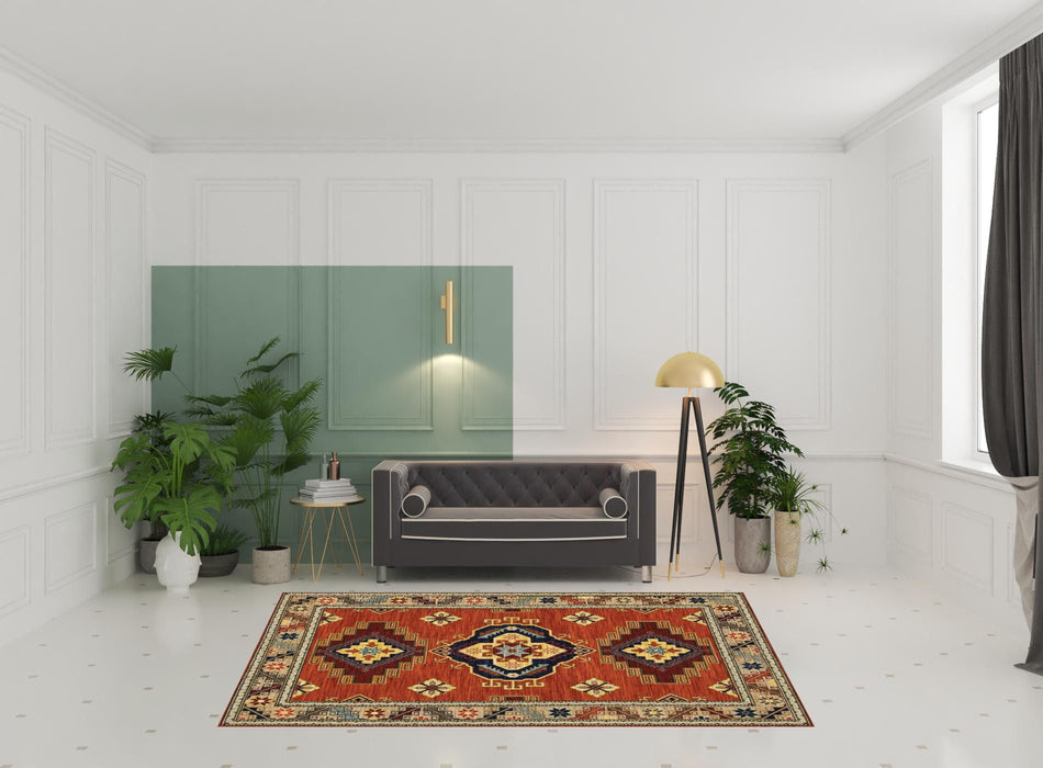 6' x 9' Oriental Power Loom Stain Resistant Area Rug With Fringe - Red Gold Blue Brown