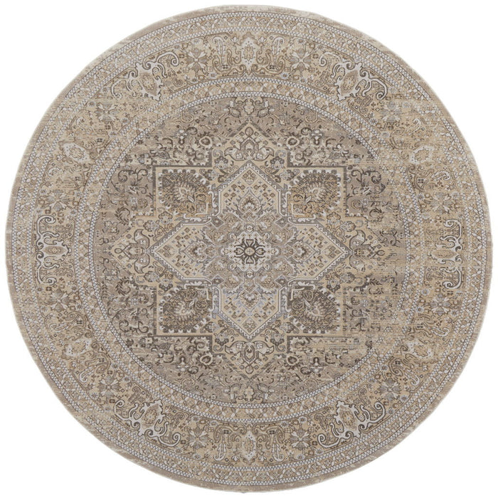 7.8' x 7.8' Round Medallion Power Loom Distressed Area Rug - Brown And Ivory