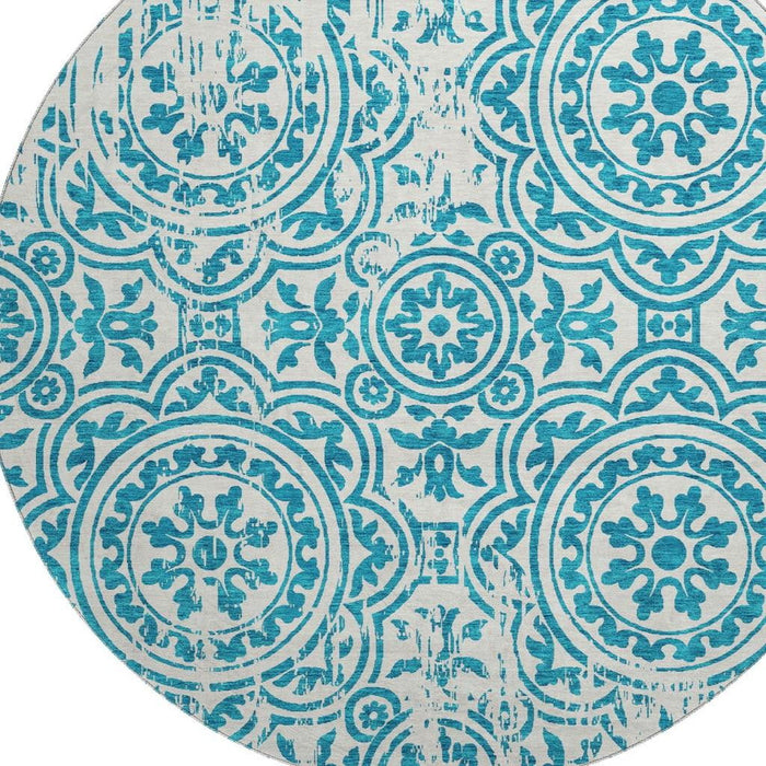 8' Medallion Washable Round Rug With UV Protection - Teal / Ivory