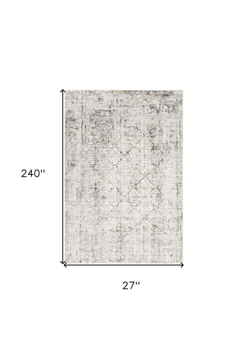 20' Damask Distressed Runner Rug - Gray And Ivory