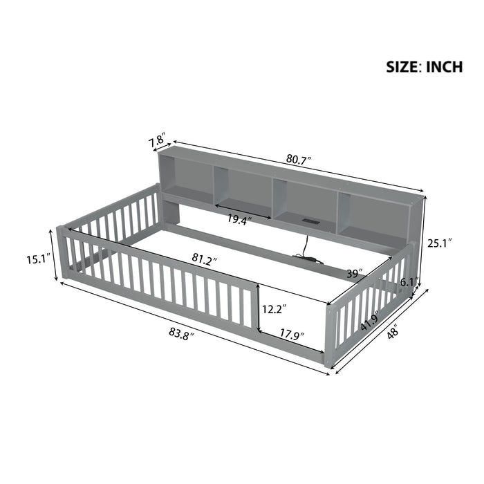 Gray Giga twin long platform bed with built-in storage cabinets and USB ports, showcasing the sleek design and sturdy frame.