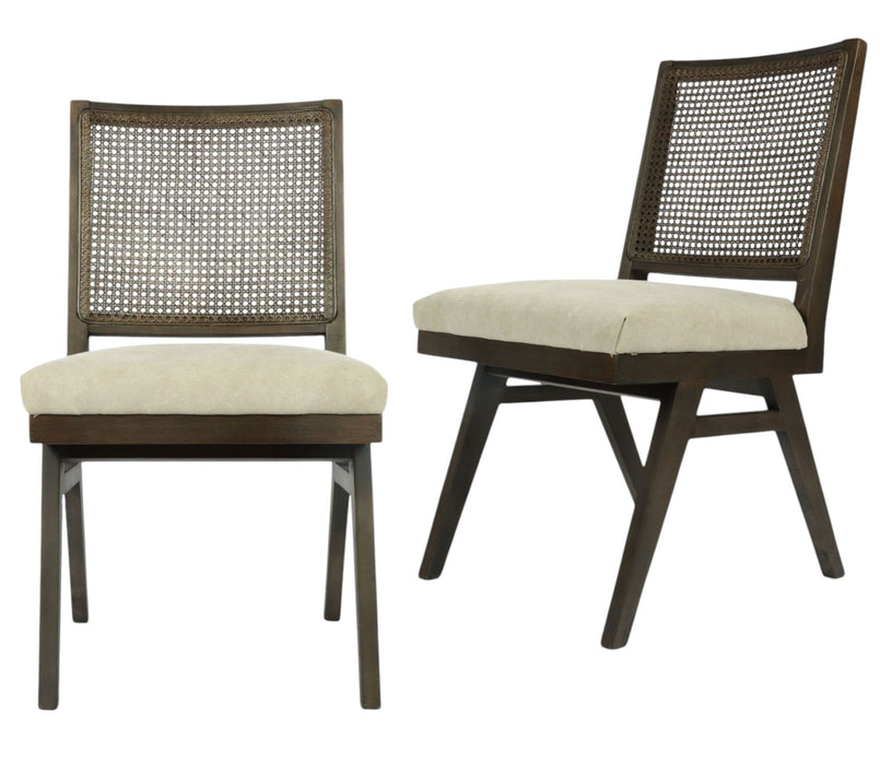 Wood Cane Upholstery Dining Side Chairs (Set of 2) - Brown / Gray