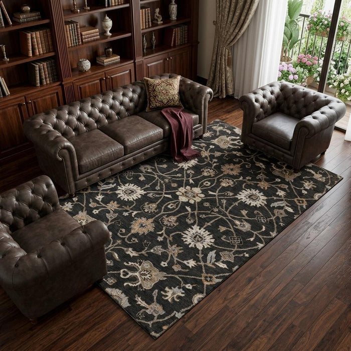 10' X 14' Floral Washable Area Rug With UV Protection (686096) - Black / Ivory / Beige