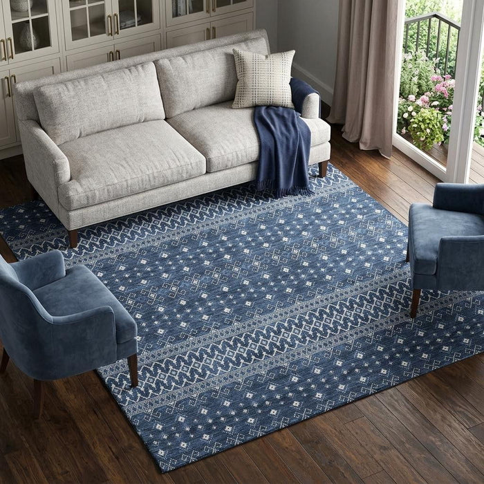 10' X 14' Tribal Washable Area Rug With UV Protection (657125) - Navy Blue / Ivory
