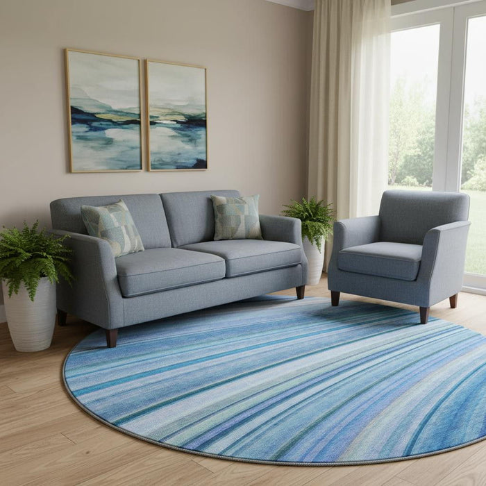 8' Abstract Washable Round Rug With UV Protection (650341) - Blue / Ivory / Gold