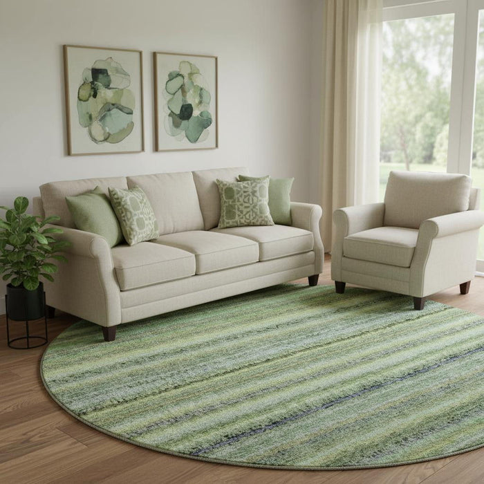 8' Striped Washable Round Rug With UV Protection (650791) - Green / Blue