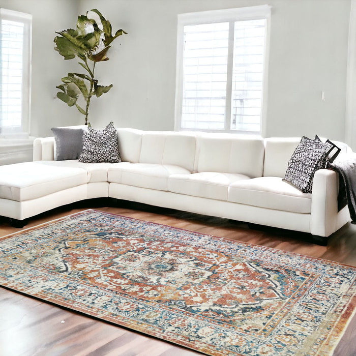 8' x 10' Oriental Distressed Area Rug With Fringe - Rust
