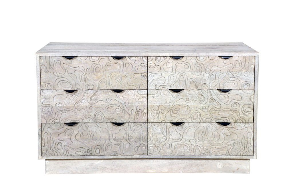 57" Carved Geometric Solid Wood Six Drawer Dresser - White