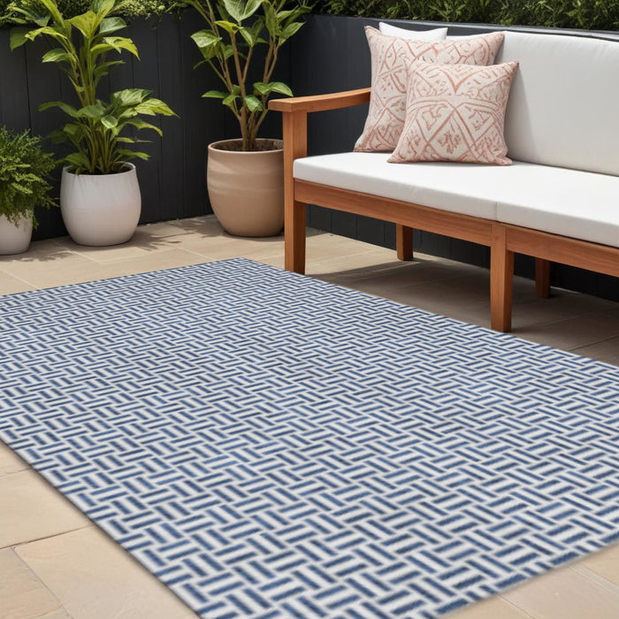 10' X 14' Geometric Washable Area Rug With UV Protection (672434) - Navy Blue / Ivory