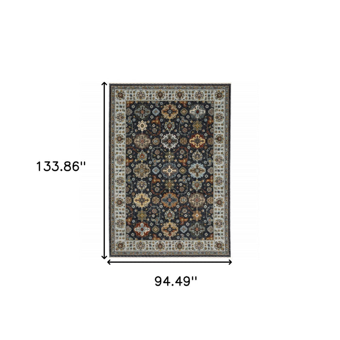 8' x 11' Oriental Power Loom Polyester Area Rug With Fringe - Blue