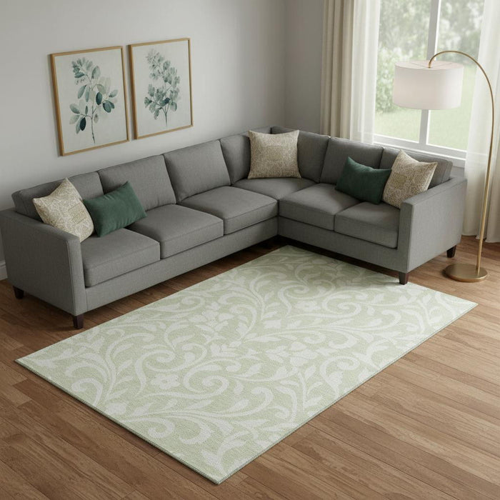 10' X 14' Floral Washable Area Rug With UV Protection (669582) - Artichoke Green / Ivory