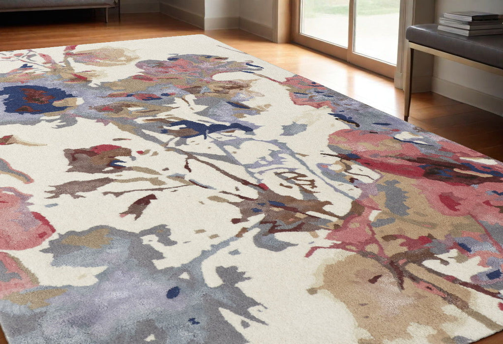 5' x 8' Wool Floral Hand Tufted Area Rug - Ivory Pink And Blue