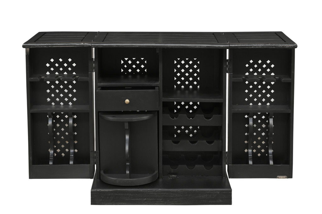 Solid Wood Carved Floral Bar Cabinet With Two Doors One Drawer (727846) - Black