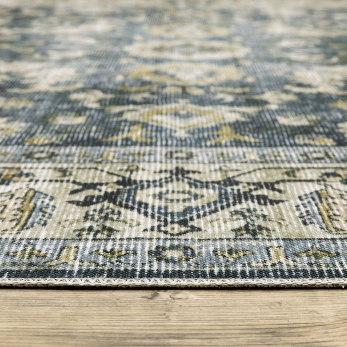 7' x 10' Oriental Printed Stain Resistant Non Skid Area Rug - Blue Gold Green And Ivory