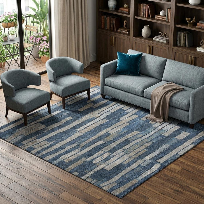10' X 14' Striped Washable Area Rug With UV Protection (692868) - Navy Blue / Gray