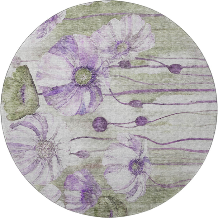 8' Floral Washable Round Rug With UV Protection (657314) - Purple / Green / Ivory